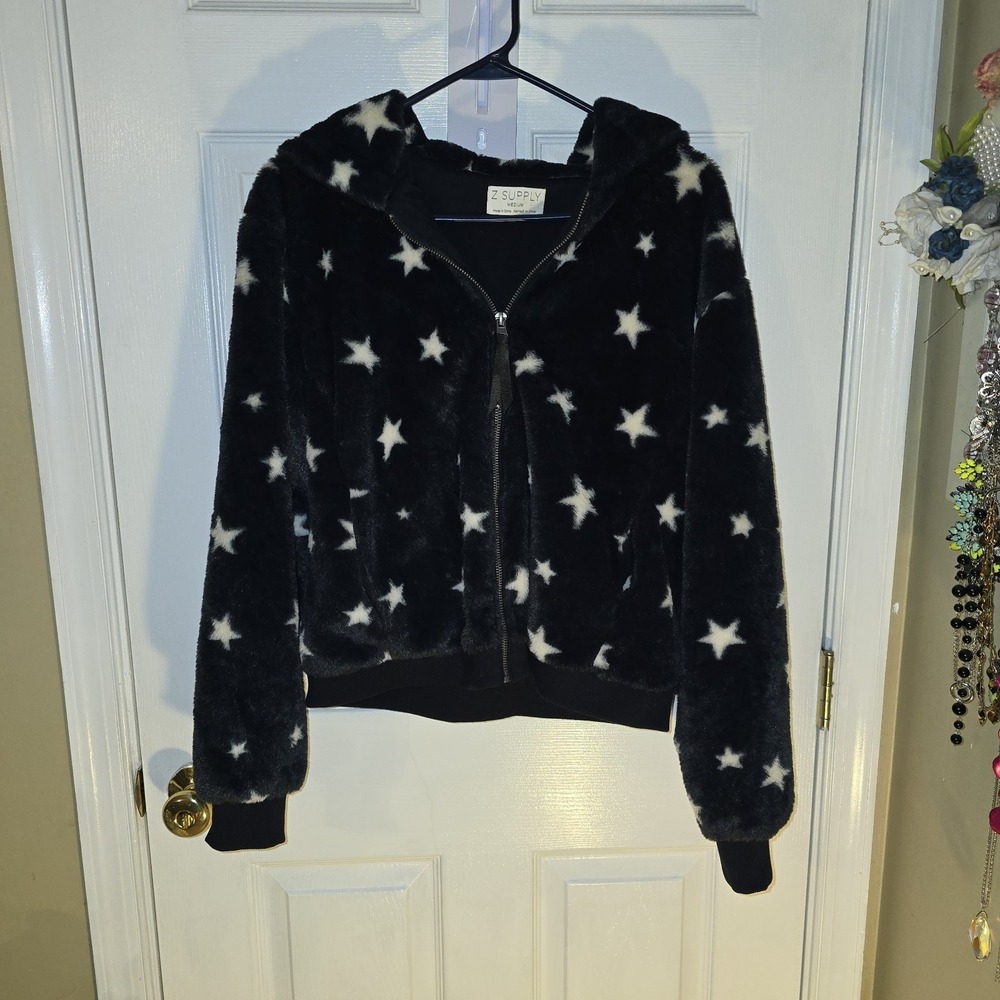 Z Supply Dark Blue And White Star Hooded‎ Jacket Womens Medium Cozy